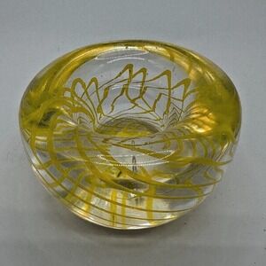 Art Glass Votive Candle Holder Yellow Swirl Hand Blown Clear Heavy Glass Boho